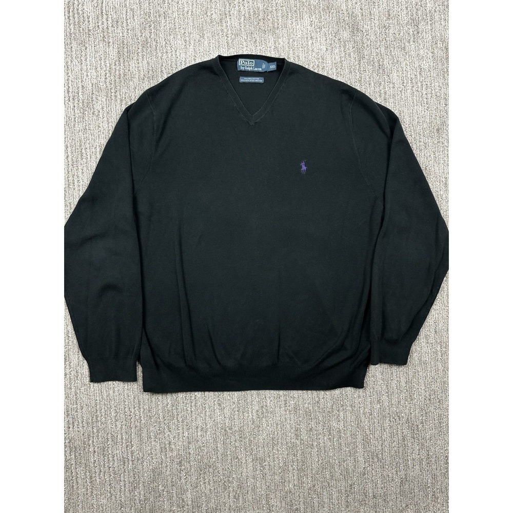 Polo Ralph Lauren Sweater Men XXL Black Pima Cotton V Neck Purple Pony Vintage